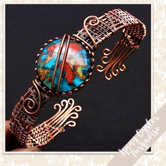 Jewelry - Turquoise, Spiny Oyster Eclectic Copper Artisan Wire Wrap Bangle Cuff (Blue Red)